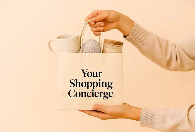 A tote bag printed 'Your Shopping Concierge'